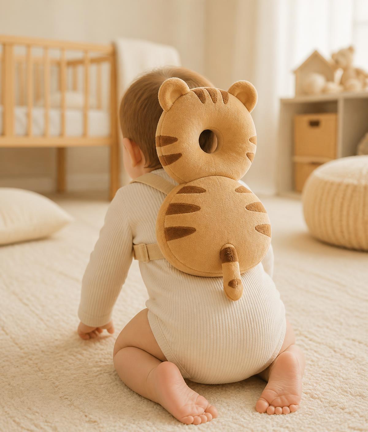 Bambino con zainetto imbottito a forma di tigre